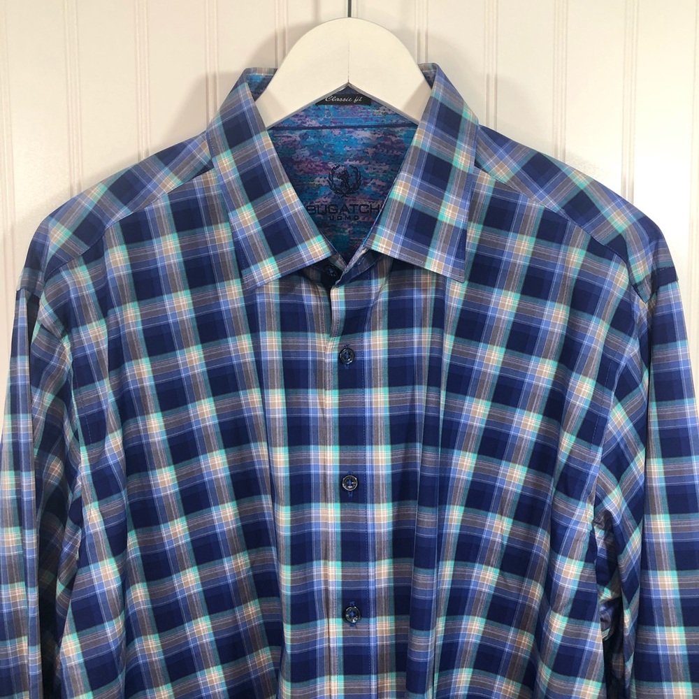 Bugatchi Men’s Classic Fit Blue Plaid Dress Shirt Sz XL